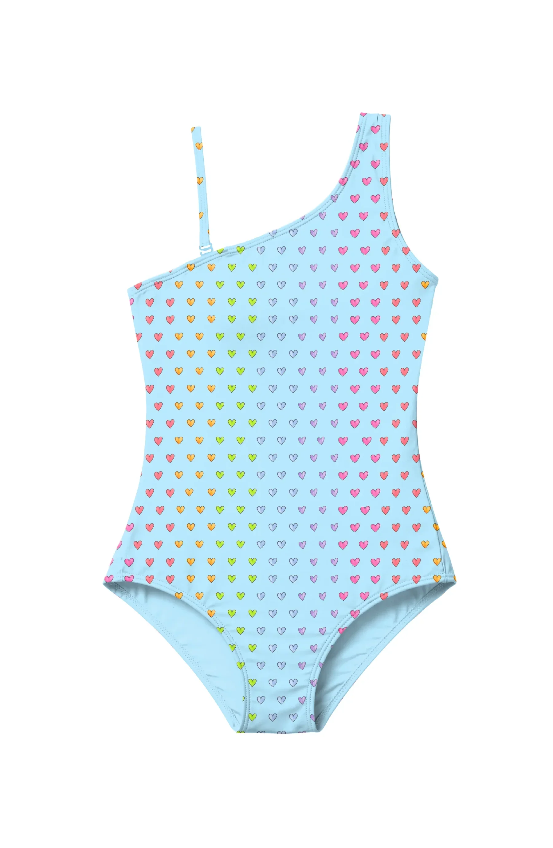 LIMEAPPLE -Rhea Multicolor Heart Printed One Shoulder One Piece Swimsuit